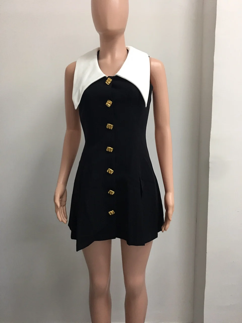 black and white dress with gold buttons Wholesale Women's White & Black ailor Collar Mini Dress