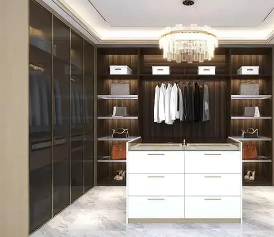 Luxury walk in closet customized wardrobe with island opening shelves with glass door and LED design discount price