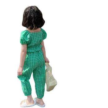 Girls' cotton suit summer new girl's plaid flower short-sleeved trousers baby girl casual two-piece suit