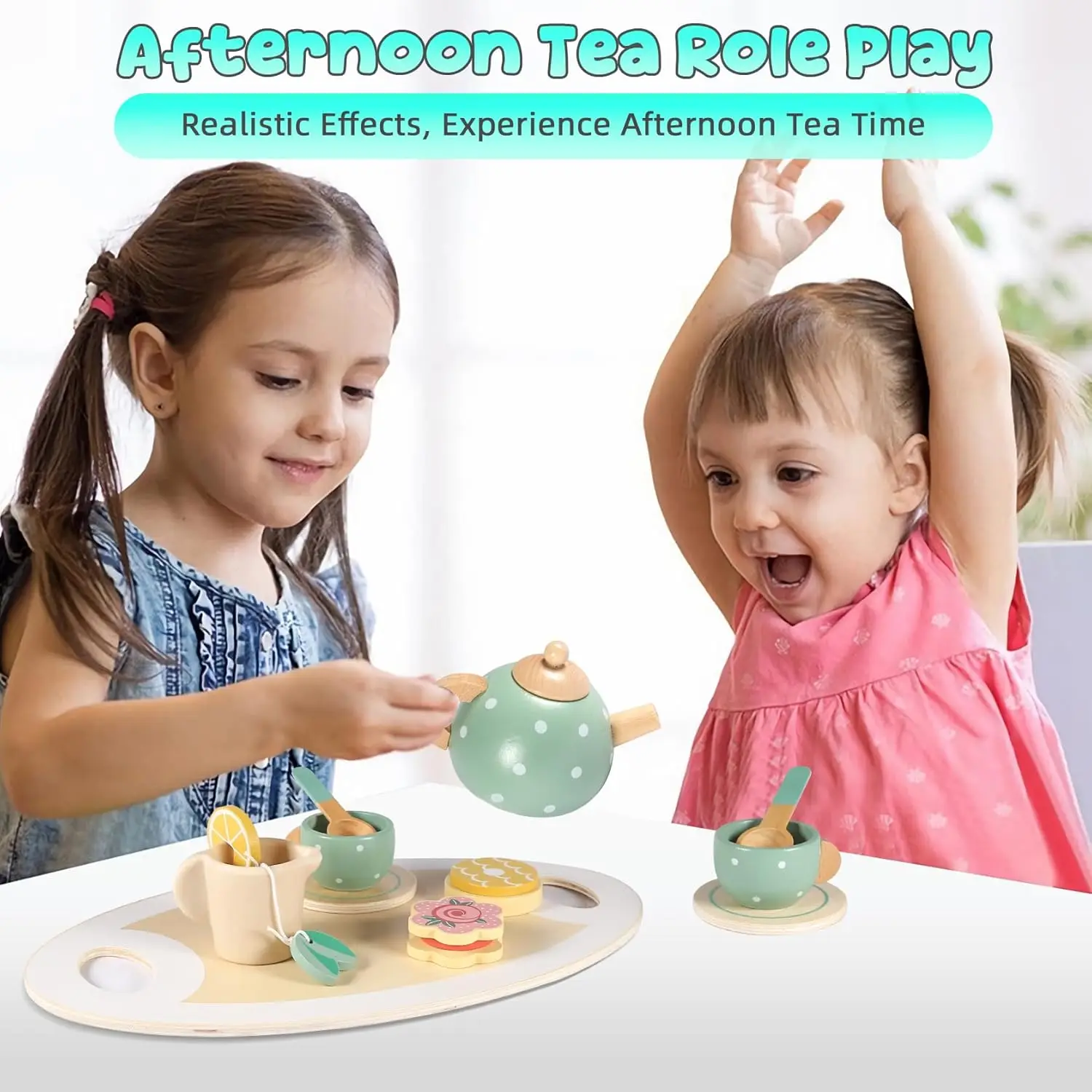happy earth   14 pcs wooden tea set for toddler pretend play tea party set with simulation dessert tray teapot classical educational toy-5