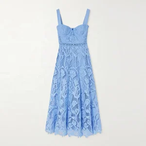 Dress Manufacturer Custom Blue Spring Summer square Neck Sleeveless Elegant Casual Midi Women Lace Dress