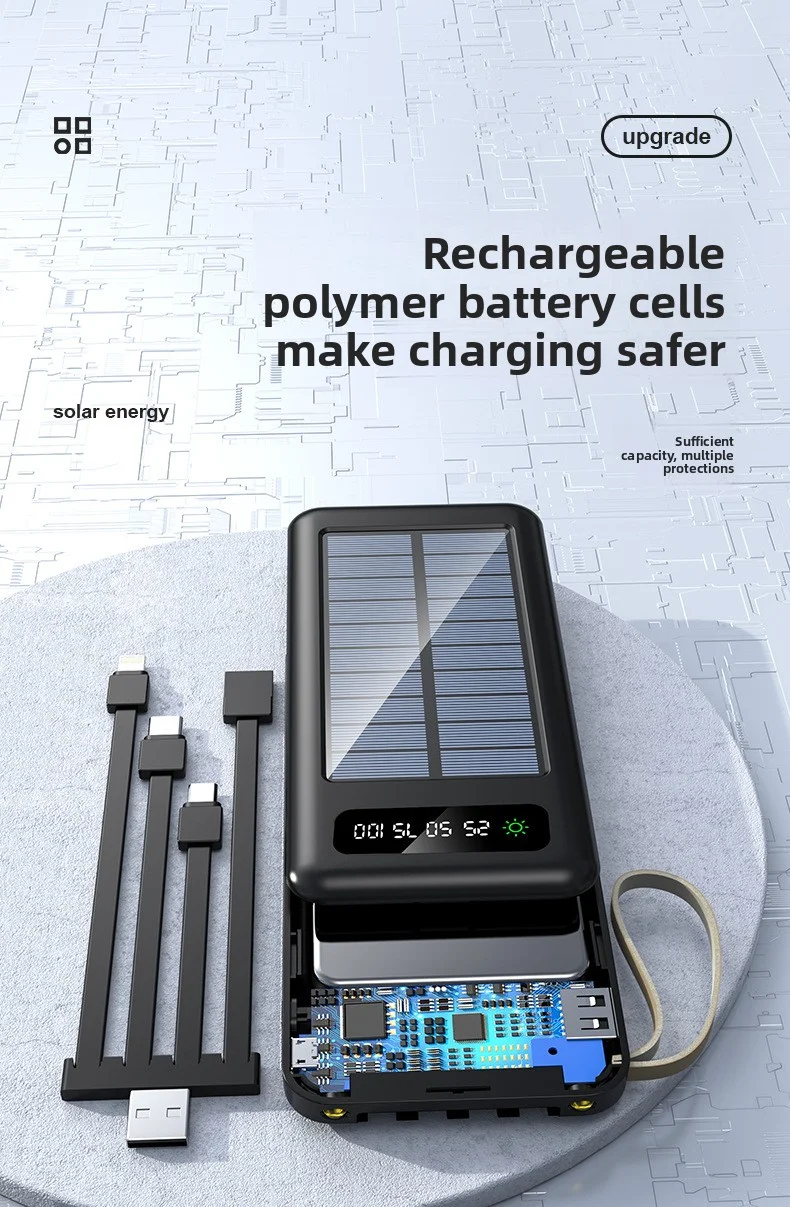 Top-Rated Portable Solar Power Bank with LED Display 4 Built-In Charging Cables LI-Polymer Battery-Best Seller