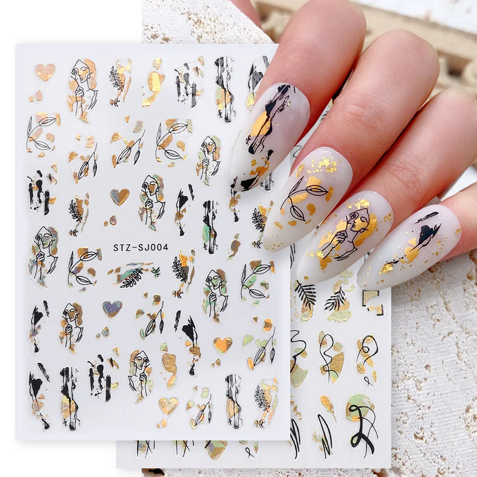 Amazon.com: 9 Sheets Laser Black Gold Nail Art Sticker for Acrylic Nails,3D  Metallic Nail Stickers Self Adhesive Abstract Face Shining Flowers Love  English Nail Decals for Women Girls Floral Manicure Decorations :