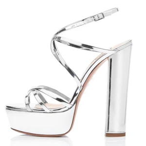 2020 Women Silver Patent Leather Block Chunky High Heel Platform Summer Sandals