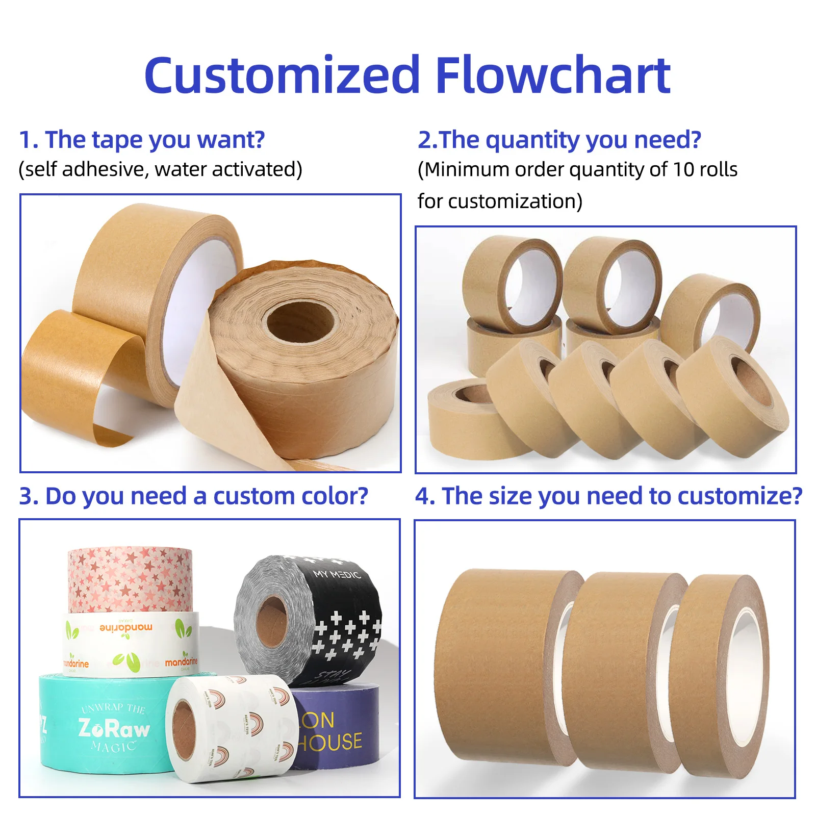 Custom Colored Eco Friendly Degradable  Gummed 3 Inch Printed Parcel Package Kraft Paper Adhesive Tape with Logo
