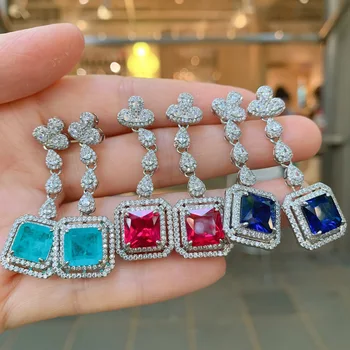 Fashion Trendy Square Shaped Tanzanite Ruby Paraiba Earring Vintage Real Gold Plated Colorful Diamond Zircon Long Drop Earrings