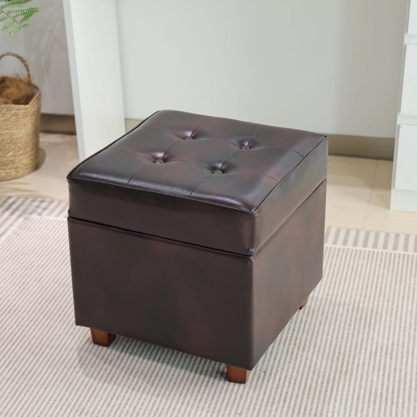 2025 Cube PVC Pouf Ottoman with Storage Set Leather Stool for Living Room