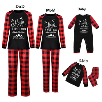 Quanzan 2022 New Year Family Sleepwear Sets Letter Printed Suit Baby Climbing Clothes Kids Plaid Sleeve Dad Christmas Pajamas