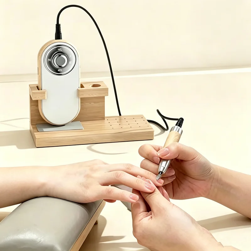 Wood Grain High Speed 45K Professional Quiet Cordless Nail Drill Machine with Coreless Motor Wooden All-in-One Storage Stand