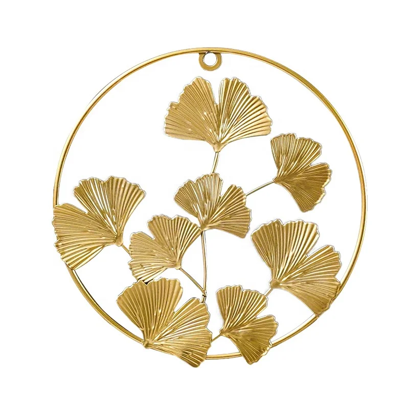 Nordic creative golden ginkgo leaf living room metal wall art hanging free perforated indoor wall pendant 