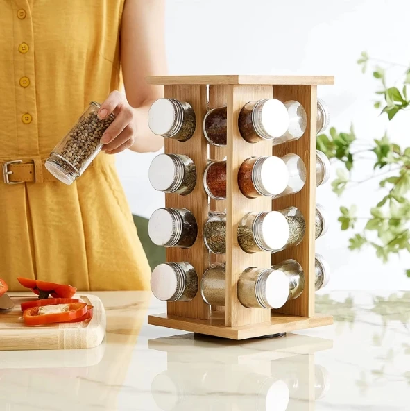 Elegant 16-Jar Bamboo Spice Rack Kitchen Revolving Seasoning