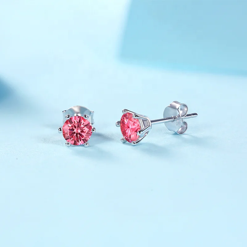 HMOIS fashion earrings six claws women stud silver 0.5ct round gems pink moissanite stud earrings