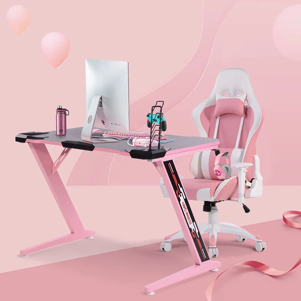 Customized Pink Gaming Table Chair Led RGB Lights Laptop Computer Chair Desk with Cup Holder for Girl Boy