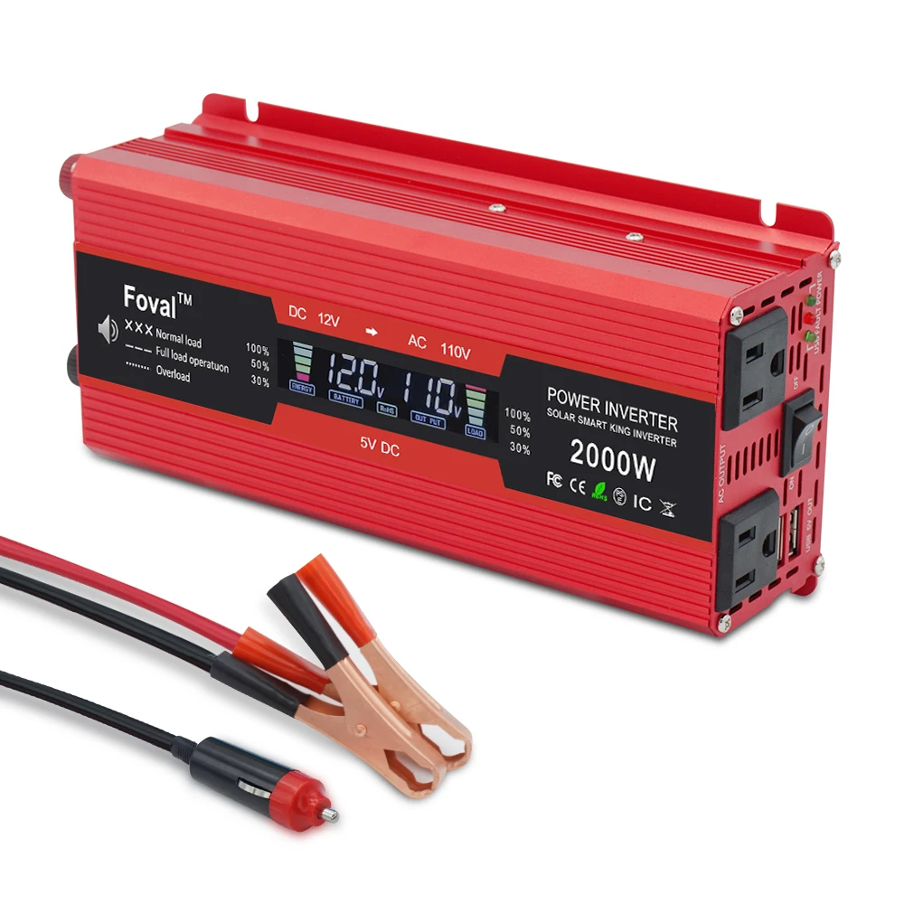 Dual Output Socket DC 12 Volt AC 110V Inverter 2000W Modified Sine Wave Power Supply Converter USB Adapter With LCD Display