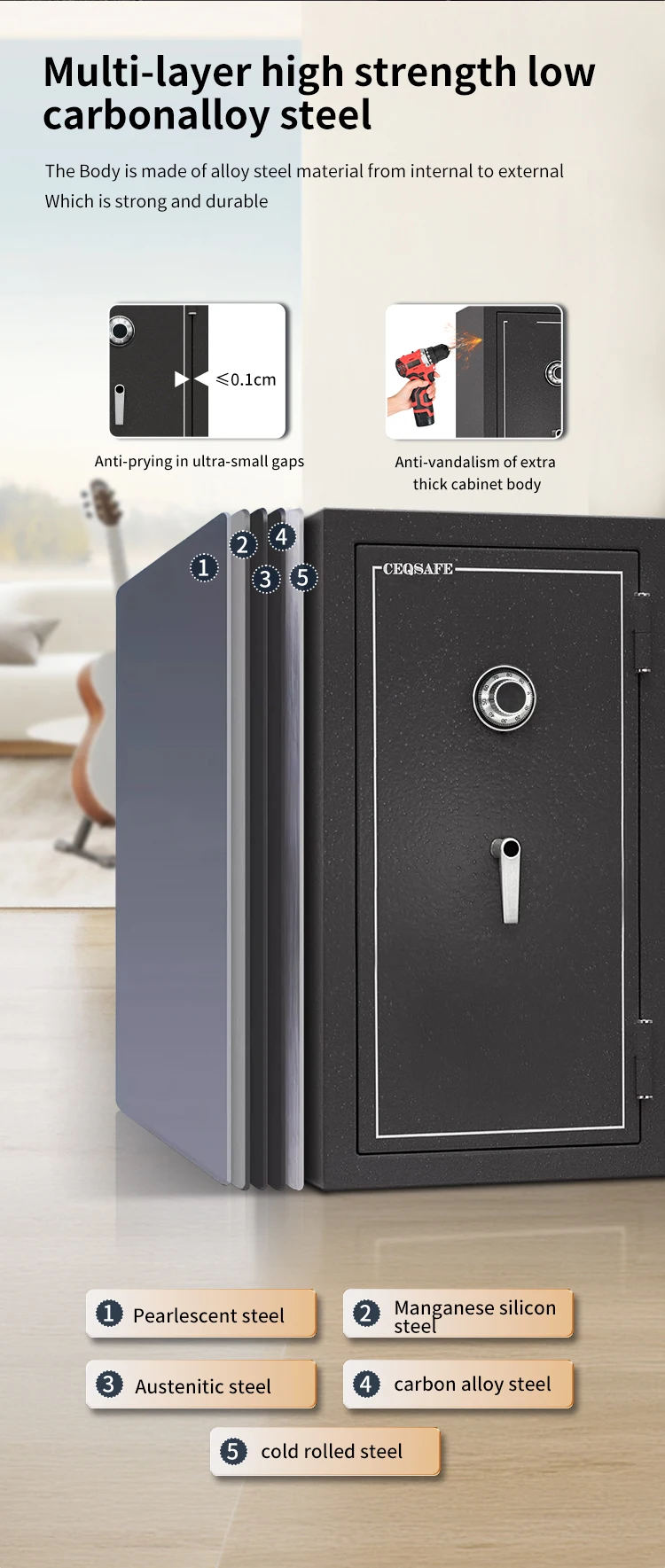 CEQSAFE High Security Fireproof Safe Box 4 Wheels Combination Lock Electronic Steel Combo Lock details