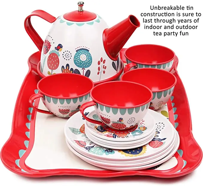 ブリキ玩具ファンシーTin Tea Set Pretend Role Playレッド Pretend Tea Party Set for Girls - 15-Piece Metal Kitchen Toy with