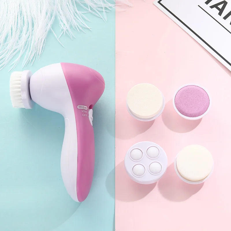 5 in 1 Face Exfoliating Electric Facial Cleaner Silicone Scrub Pore Cleaner Spin Sonic Facial Cleansing Brush for Home