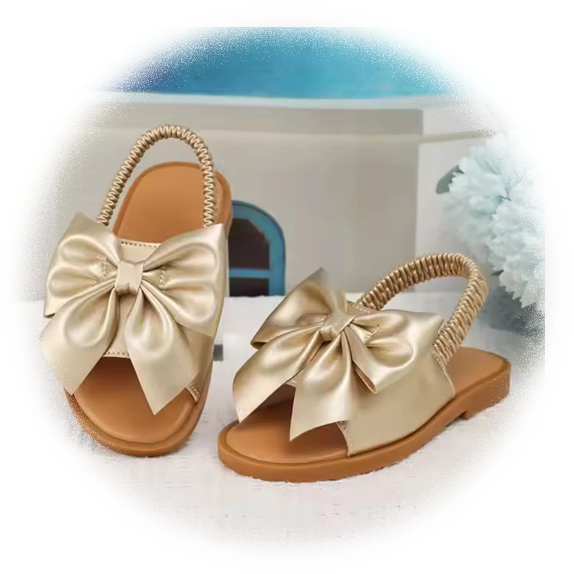 BSCI/Smeta/Sedex/Higg/GRS Factory Wholesale Custom Logo Baby Girl Gold Bowknot Sandals Elastic Webbing Princess Slipper Sandal