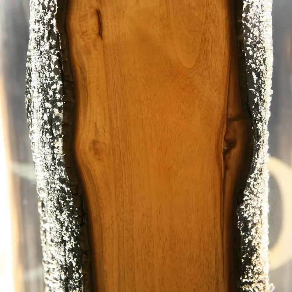 Burnt Trunk Side Table with Acrylic Glass and Burnt Solid Wood  Coffee Table