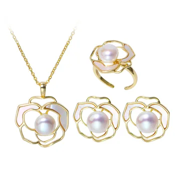Fashion Wedding Bridal Natural Freshwater Pearl 18K Gold Plated Camellia Pendant Necklace Earring Women Fine Jewelry Sets
