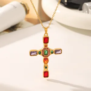 MW Delicate Colorful Bling Cubic Zirconia Cross Necklace Stainless Steel Luxury Necklace Bling Fashion Shiny Jewelry Wholesale
