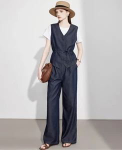 Two-Piece Women's Suit Sets for Spring & Summer Female Temperament with Tie Belt Vest & Wide Leg Pants Casual & Stylish