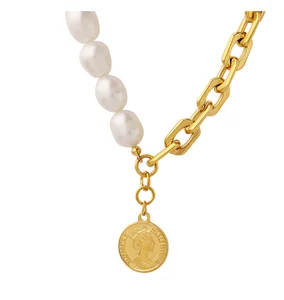 Hip Hop Personalized Double Sided Wearable Pearl Splicing Titanium Steel Chunky Chain Non Fade Necklace