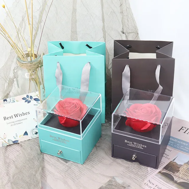 Mini Acrylic Cover Square  Preserved Flower Gift Box With Jewelry Gift Drawer Wholesale China