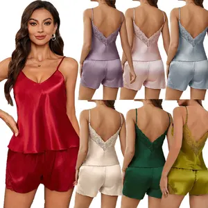 2026 Wholesale Women's Satin Pajama Sleepwear Sets Knee-Length Short Summer Homewear with Elastic Waist Closure Supply