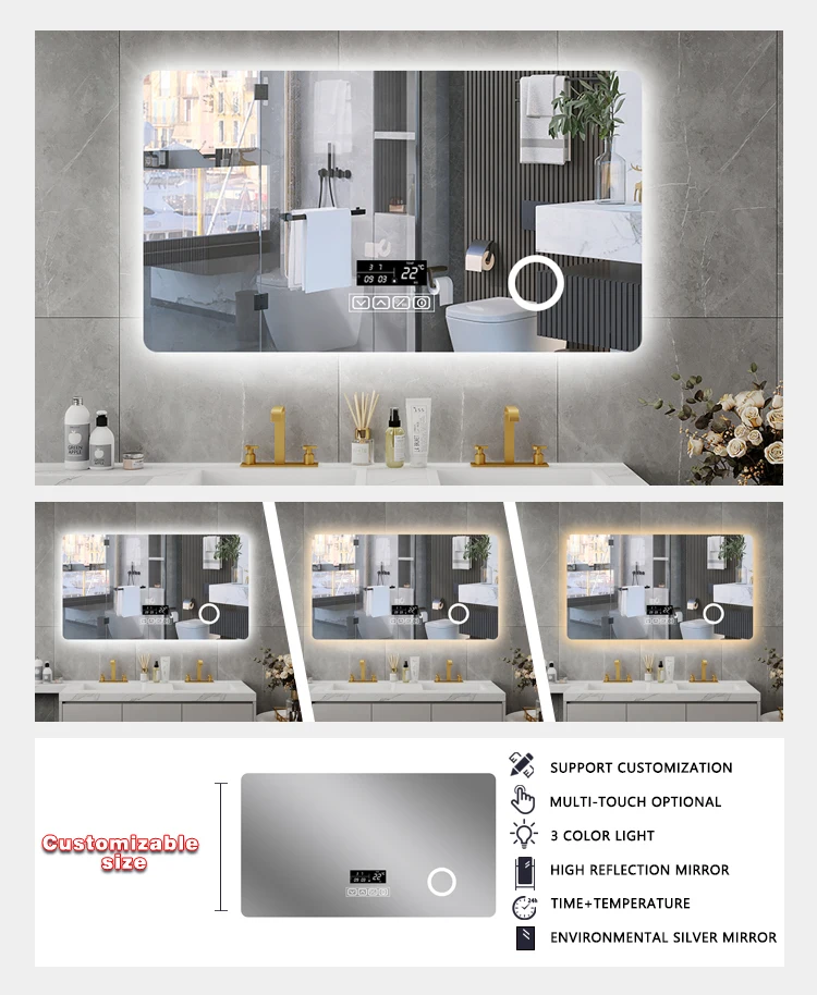 product custom size makeup bathroom mirrors three color lights smart led bathroom wall mount mirror with led light-4