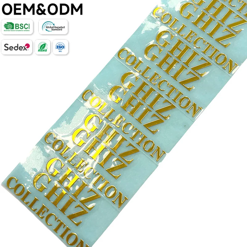 Custom Gold Foil Metal Transfer Sticker Shiny Gold Brand Text Decal for Luxury Fashion