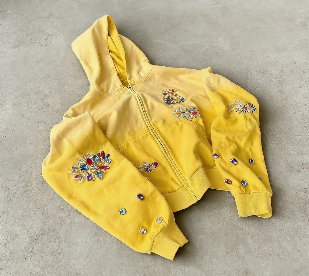 Custom Logo Heavyweight Acid Wash Relaxed Fit Men's Streetwear Jacket Zipper Rhinestone Vintage Distressed Zip up Hoodies factory