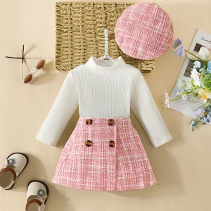 Casual Toddler Girl Outfit for Fall 3pcs Denim Skirt Long Sleeve T-Shirt Plaid Tweed Pattern Skirt Beret Set Clothes for Kids