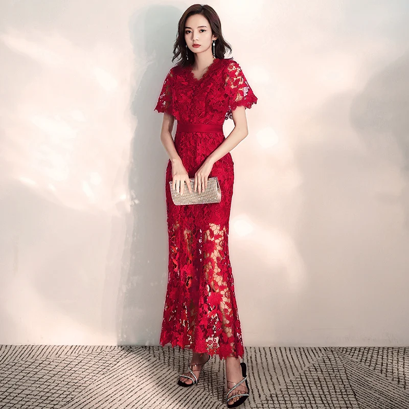 Vestido Rojo Cuello V con Aberturas en Cintura – Lady Fashion