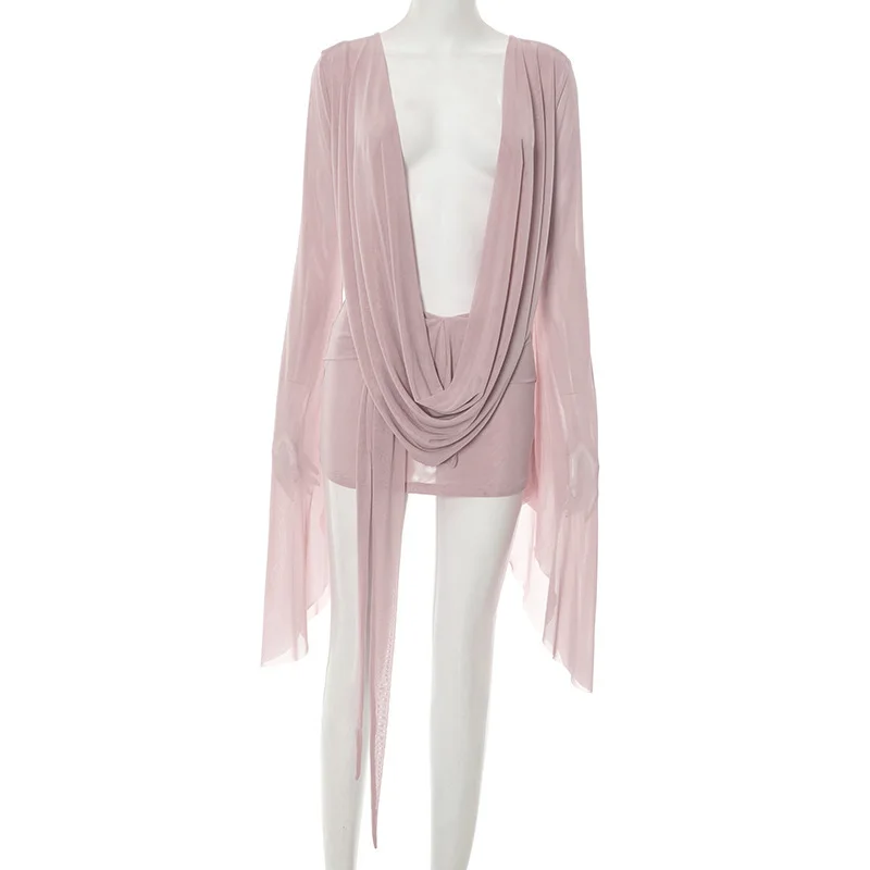 sheer bell sleeve mini dress glamorous Lichen Bell Sleeve Chiffon Mini Dress