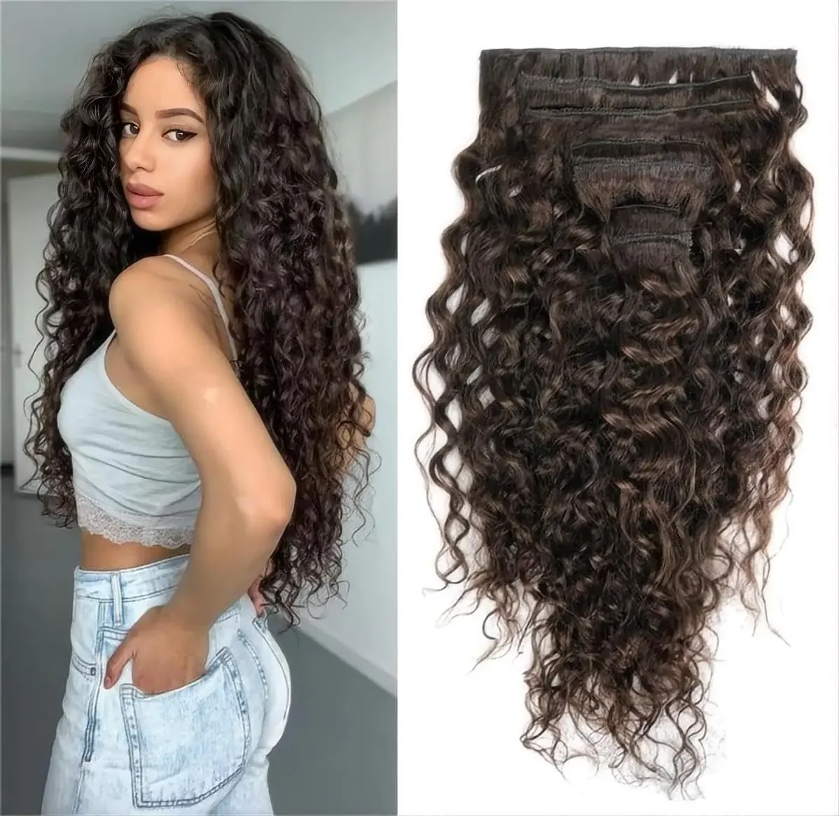 Deep Curly Wave Hair Extensions Clip in-8Pcs 100g Human Hair Water Wave Clip on Hairpieces_voghion.com