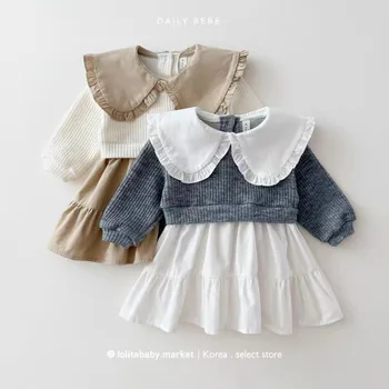 New Girls' Lapel Dress Korean Children's Clothing 2025 Autumn Collection Children's Girls' Color-blocked Princess Dress