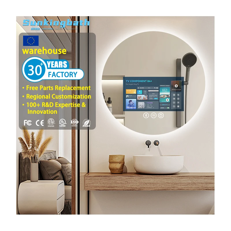 Magic Waterproof Modern Wall Mounted Mirror Round Led Bathroom  Android Tv Mirror Sink and Led Smart Tv Mirror