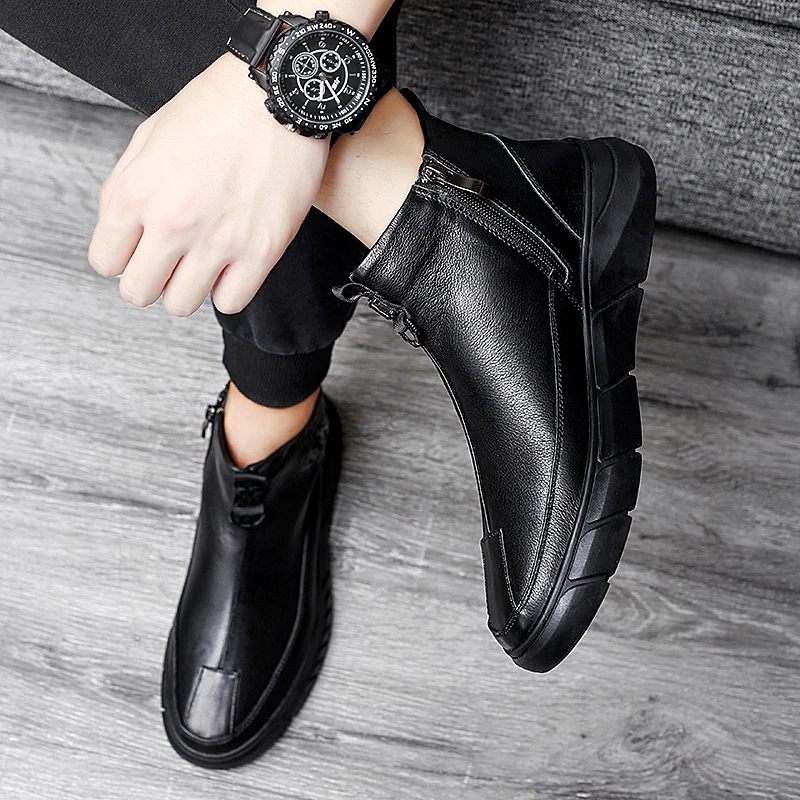 New Arrival Men's Genuine Leather Boots Zipper Up Thermal Winter Boots Comfortable Trendy Casual Walking Shoes Driving Footwear
