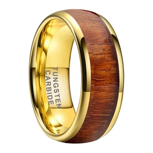 Coolstyle Jewelry 8mm Gold Tungsten Carbide Ring for Men Women Fashion Engagement Wedding Band Koa Wood Inlay Comfort Fit