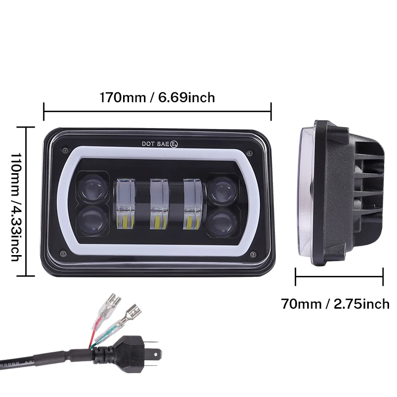 4x6 Inch Square LED Headlight for Jeep Trucks White/Yellow DRL Amber Turn Signal Sealed High/Low Beam Replacement New Condition