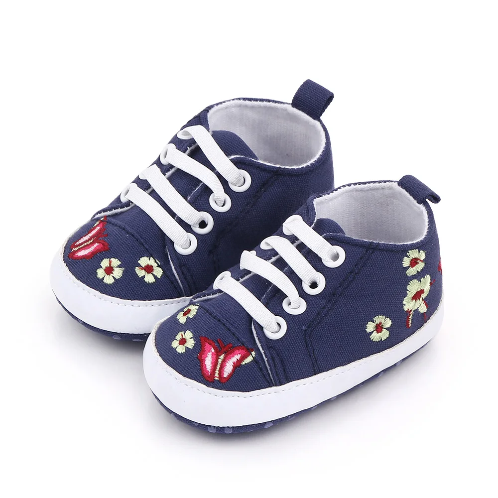 Infants Solid Color Embroidered butterfly Elastic Soft Soled Baby Canvas Walking Shoes factory