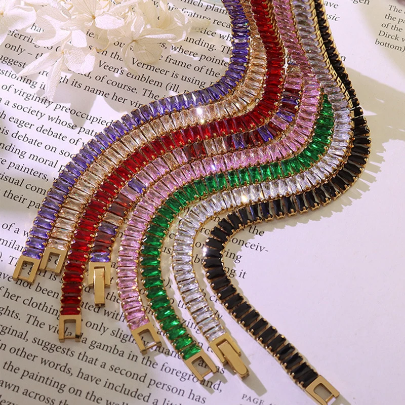 Luxury 18k Gold Plated Stainless Steel Iced Out Baguette Diamond Cubic Zirconia Tennis Chain Necklace Women Jewelry