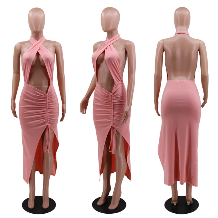 2021 New Arrivals Womens Drawstring Long Deep V-Neck Hanging Neck Skirt Party Backless Sexy Split Dress