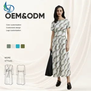 White Printed Maxi Dress with Boat Neck and Natural Waist, Casual Dress with Summer Garden Style, OEM Service Provided