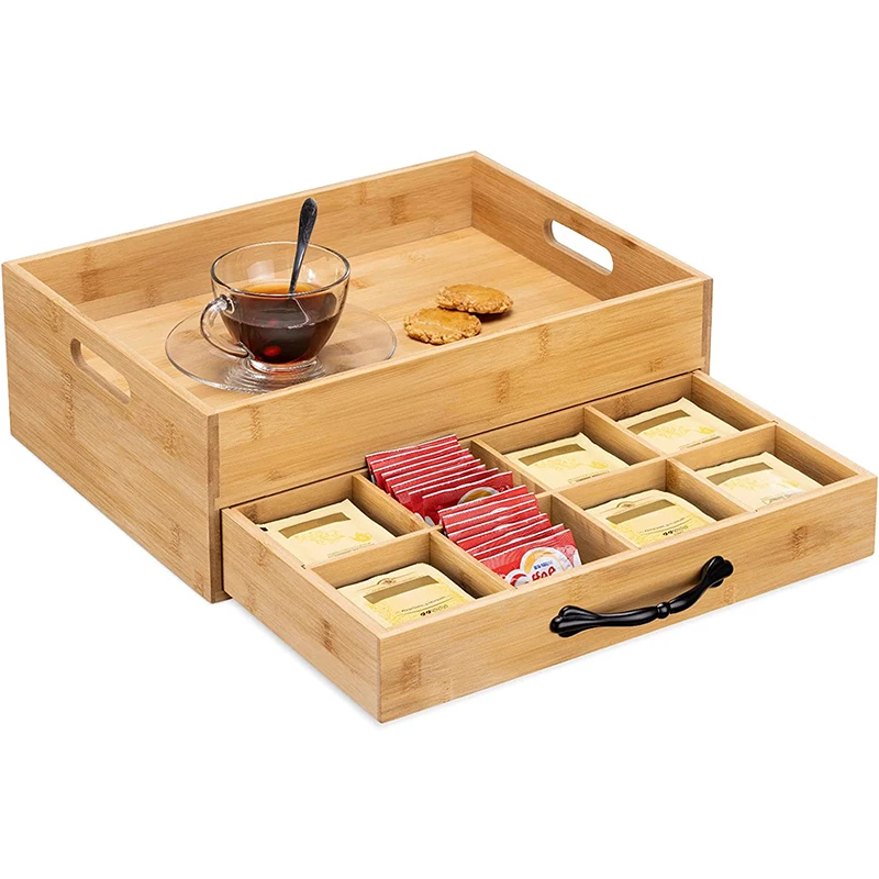 Bamboo Lacquer Finish Rectangle Classic Coffee Station Organizer Kcup Pod Holder Countertop Beverage Tea Bag Storage Drawer