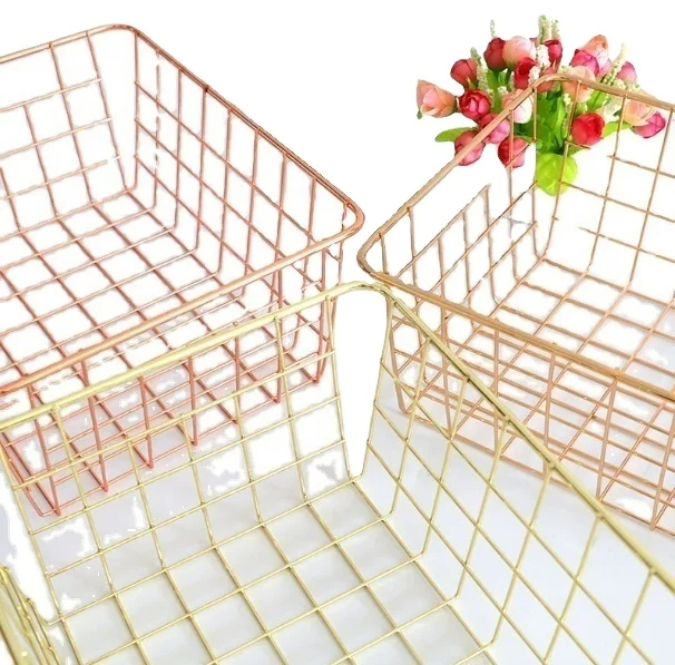 Factory Wholesale Metal Wire Baskets Rose Gold Furniture Storage