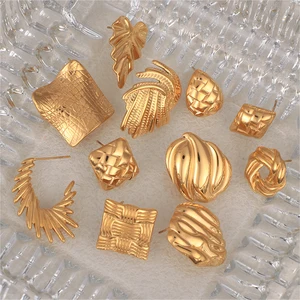 High-End Retro Pleated Stud Earrings Cross-Border Geometric Square Stainless Steel Trendy Luxury Fashion Real Gold Anniversary