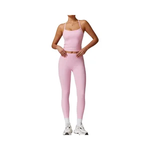 Womens Breathable Spandex/Nylon Workout Sets Two Piece Cross Back Tank Top Matching High Waist Full Length Leggings Sets