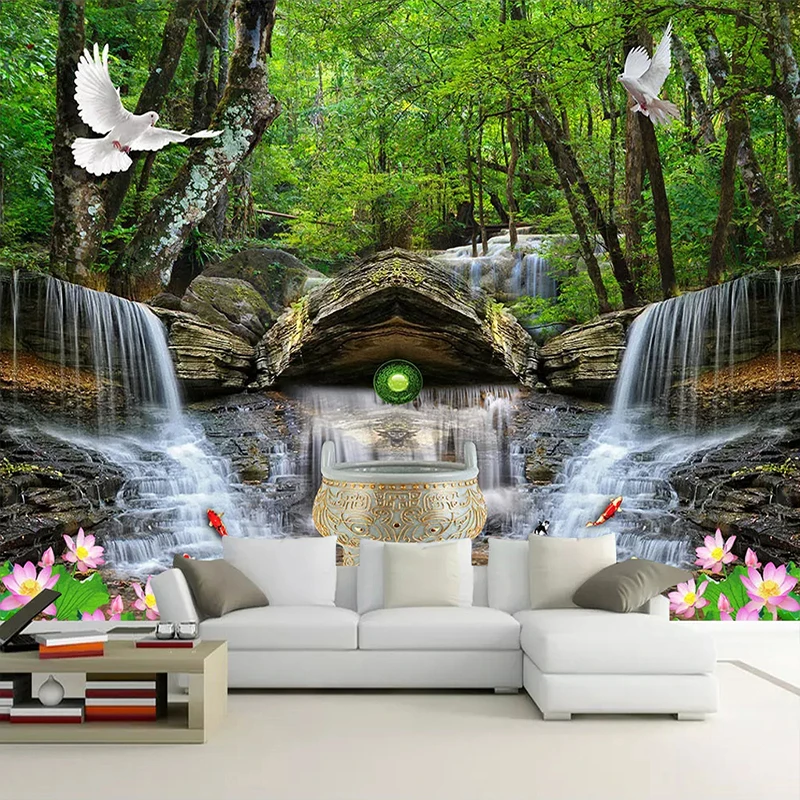 Huge big waterfall landscape woods entire room wallpaper wall mural de   IDecoRoom